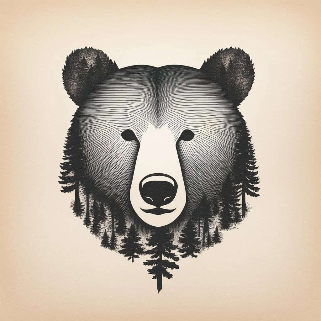 M shaped bear head combined with woods silhouette in background, letterpress style, minimalistic pencil art