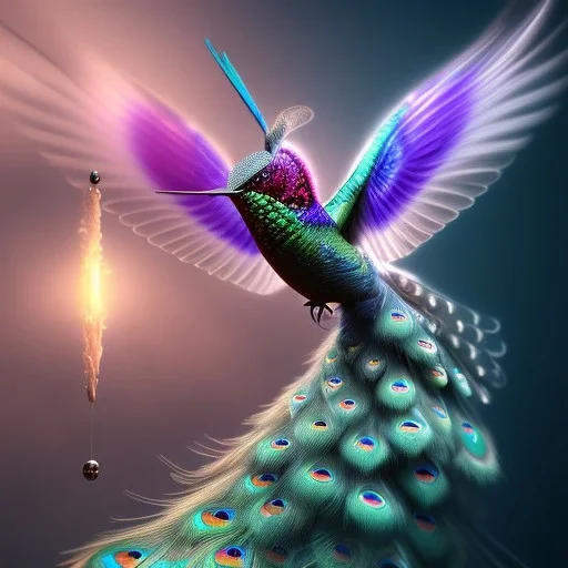 peacock, humming bird, fantasy art, Unreal Engine 5, lens macro,sharp focus, realistic, hyper detailed, studio lighting, neon light ambient, crystalized