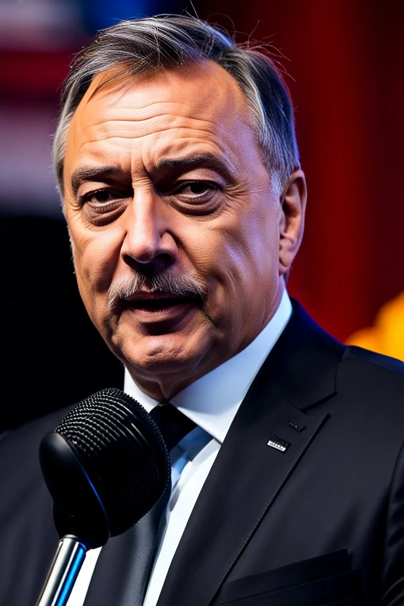 Viktor Orban in a suit speaking into a microphone, a screenshot,instagram, , ferrofluid, ❤🔥🍄🌪