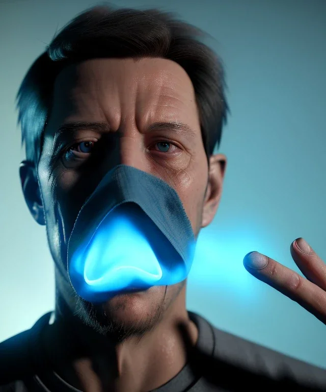 Realistic image, a guy making the fuck you gesture with his hand, blue smoke coming out of his eyes, nose and mouth. soft color, highly detailed, unreal engine 5, ray tracing, RTX, lumen lighting, ultra detail, volumetric lighting, 3d, finely drawn, high definition, high resolution.