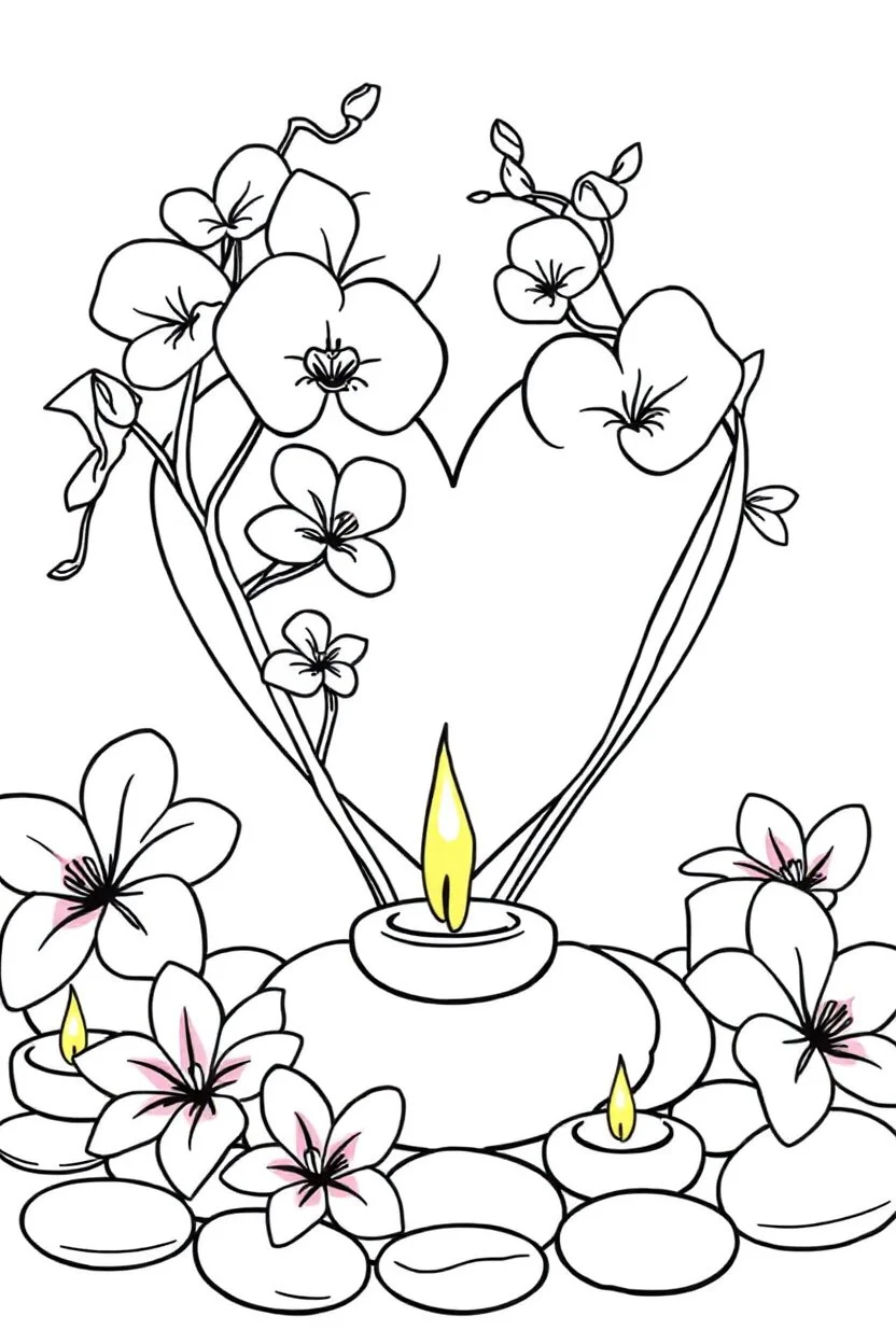 outline art for visually rich appealing heart ikebana orchids plumeria spa rounded stones around candles, coloring page for kids, white background, fit to page, only use outline, clean line art, no shadows, clear and well outlined