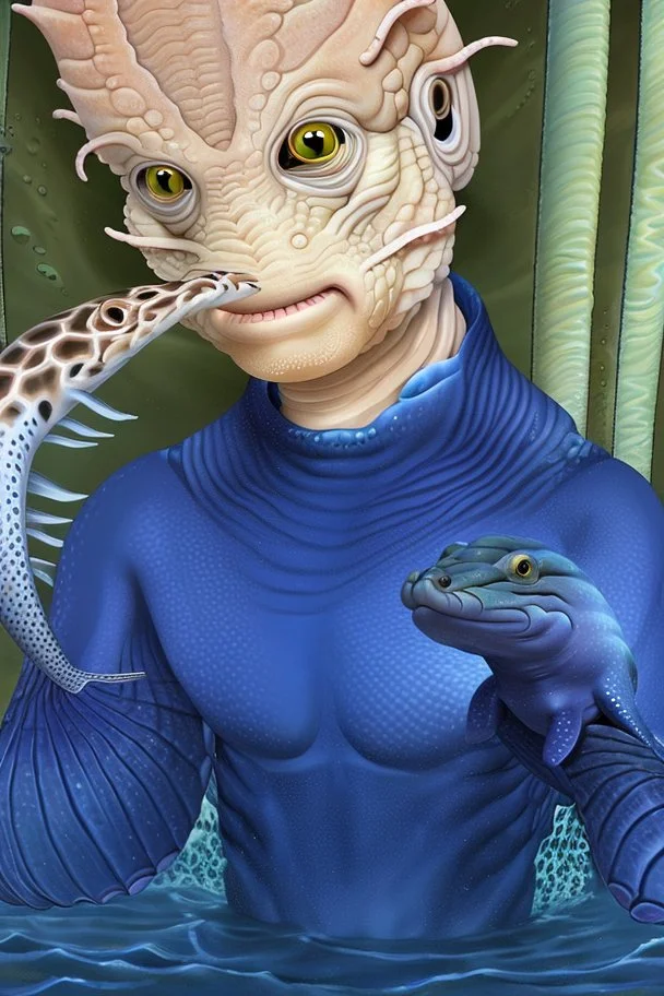 a sea monster with a human head, the body of a moray eel, fins of a fish, swims in the ocean