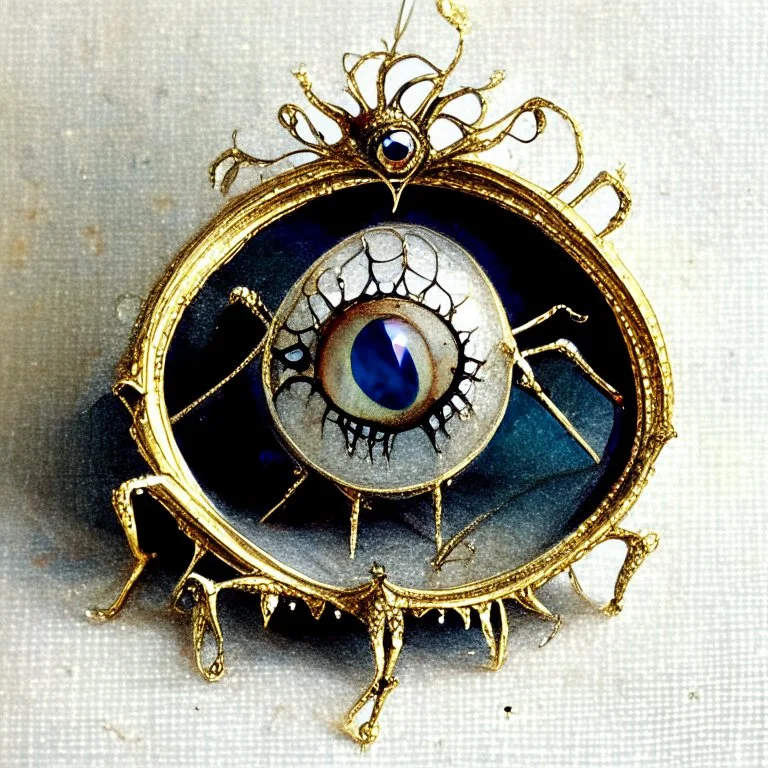 Spider crawling over a miniature Lover's eye watercolor painting set in a gold brooch and pearls, victorian art, Sir William Charles Ross royal miniaturist style, gothic, bizarre, mesmerizing