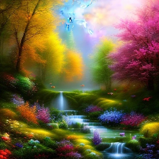 flowery landscape with a bright fairy, soft pastel colors, soft lightning