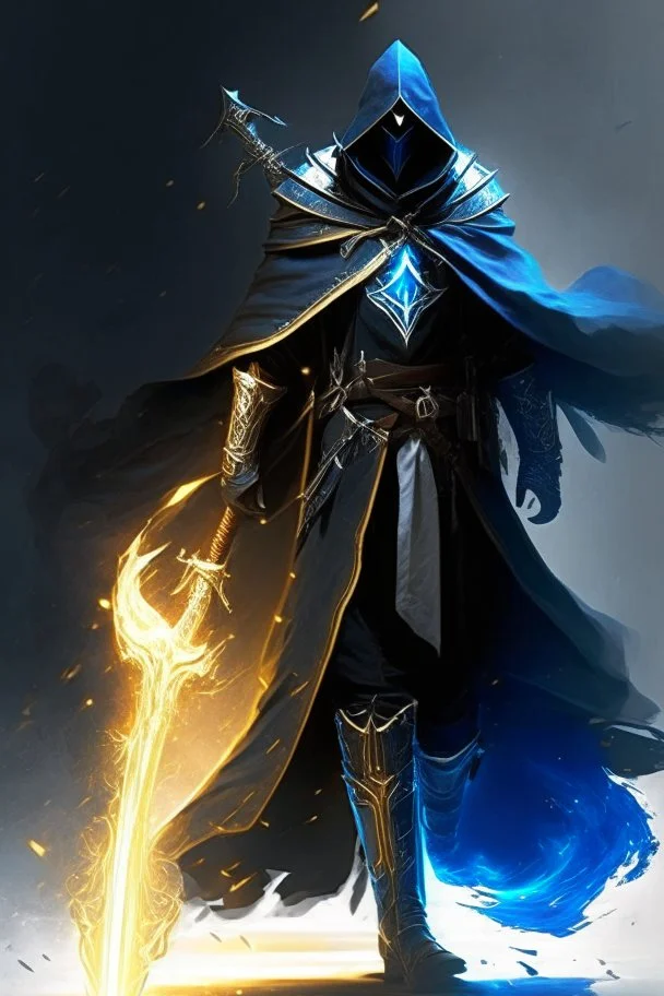 A commander with a black cloak and a long coat with long combat boots and a long spear with his Helmet is golden under his cloak like assasins With a magical power in his hand and a white anklet and boots With blue flame eyes