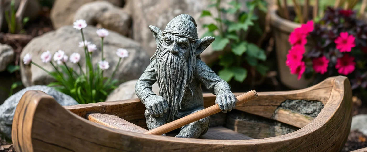 stone garden troll in wooden kayak