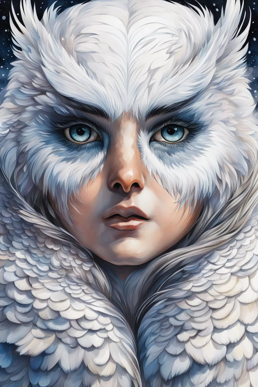 oil with watercolor underpainting of a graphic novel style wizened Snowy Owl girl with highly detailed feathers and facial features , with a fine art aesthetic, highly detailed , realistic , 4k UHD cinegraphic quality