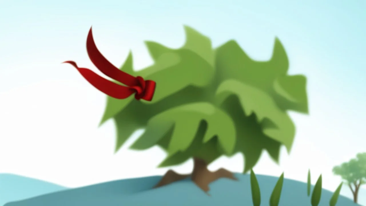 fantasy cartoon illustration: a shrub on a hill, there is a red ribbon on the shrub