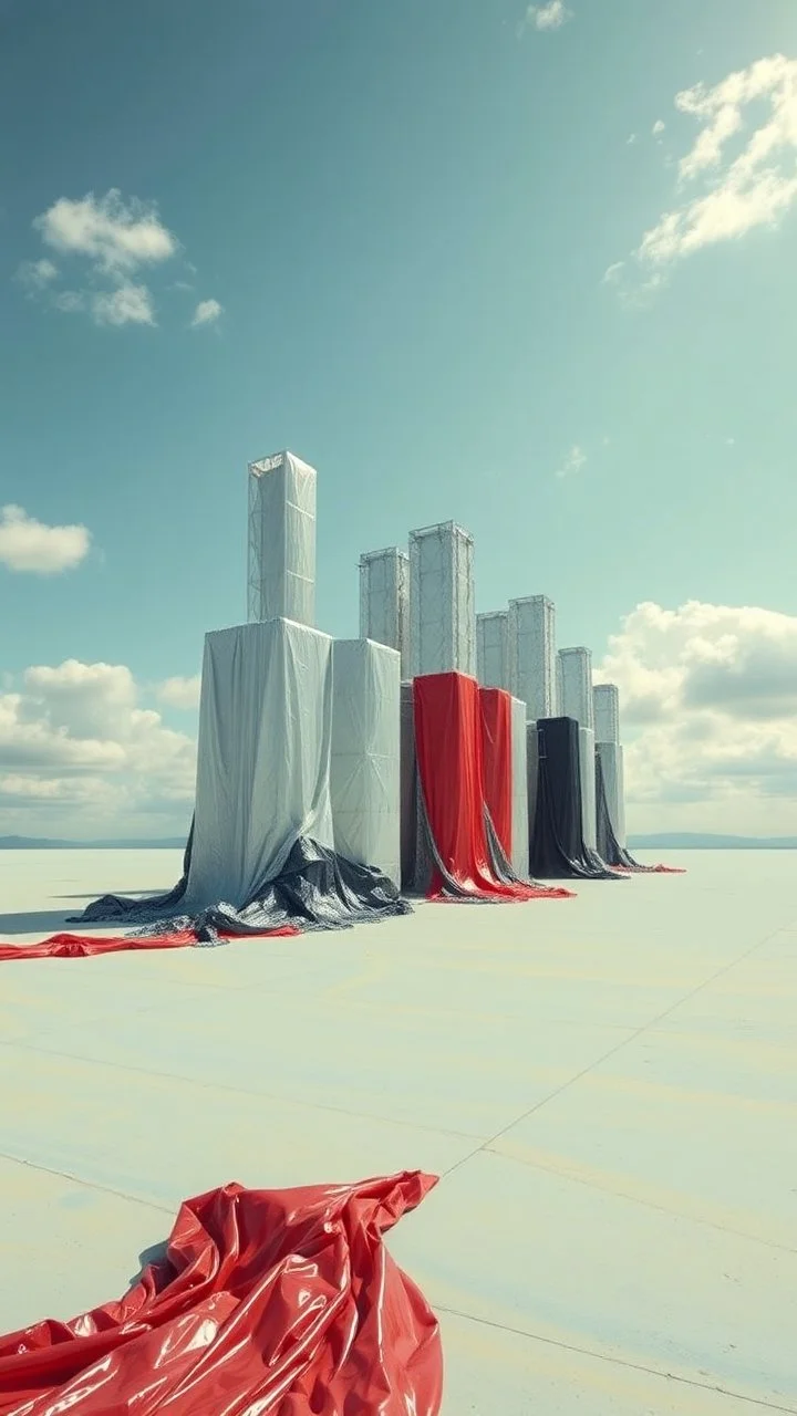 Fotografia di una superficie piatta di colore azzurro chiaro e giallo pastello, su cui si ergono alcuni gigantesche immense enormi strutture di forma indefinita, fatte di materiali vari, ricoperte da materiale plastico argentato, rosso, e nero, che scende a terra. Max Ernst, Amano, Yves Tanguy, Piet Mondrian, James Ensor, paranoic, obsessive, eccessivo, aria aperta, sole, nuvole, glossy, surreal, hasselblad h6d400c --ar 85:128 --v 6.