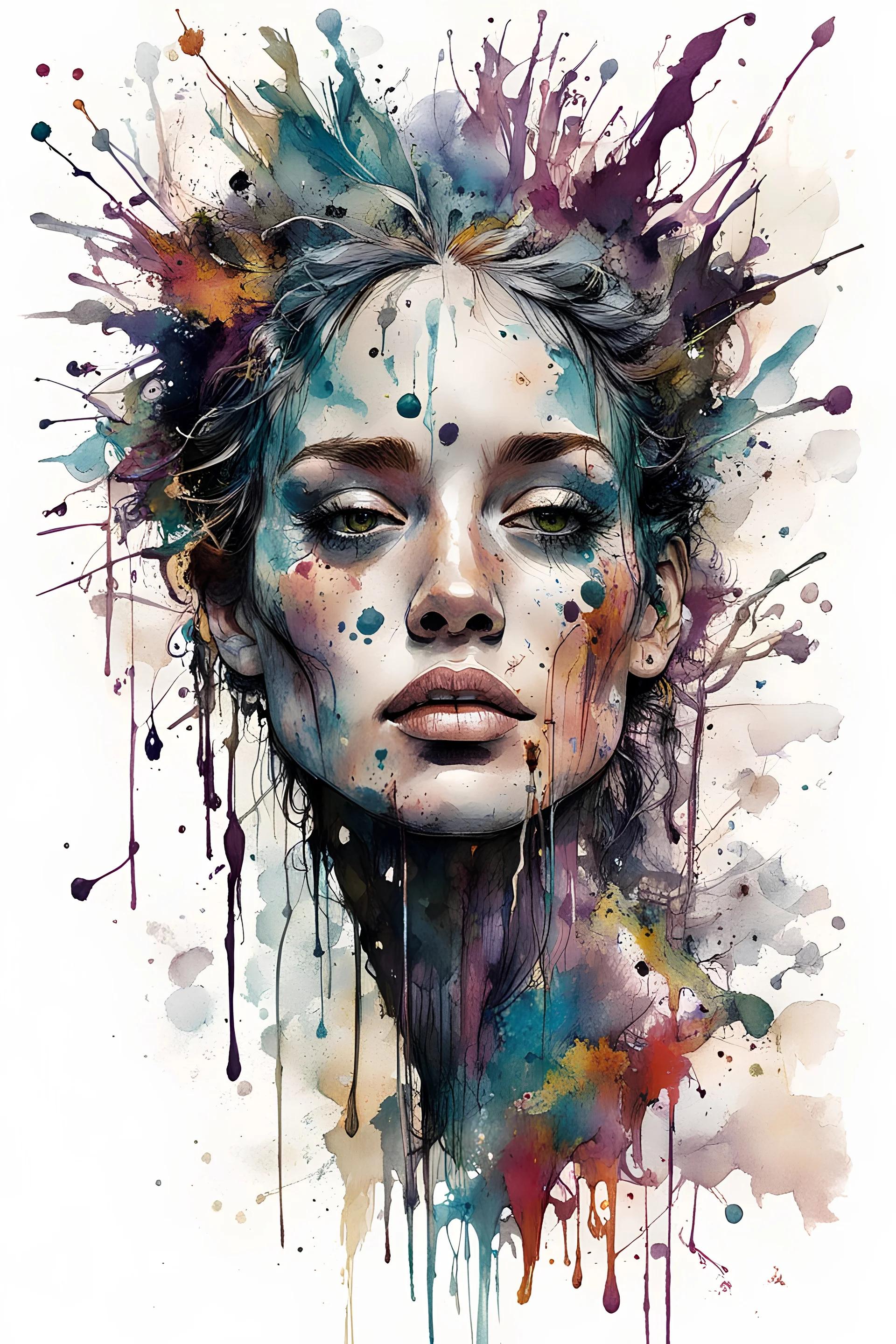 Fulcolor illustration of spots and splashes, illustration,, ink drawing, white background, drawing by Carne Griffiths