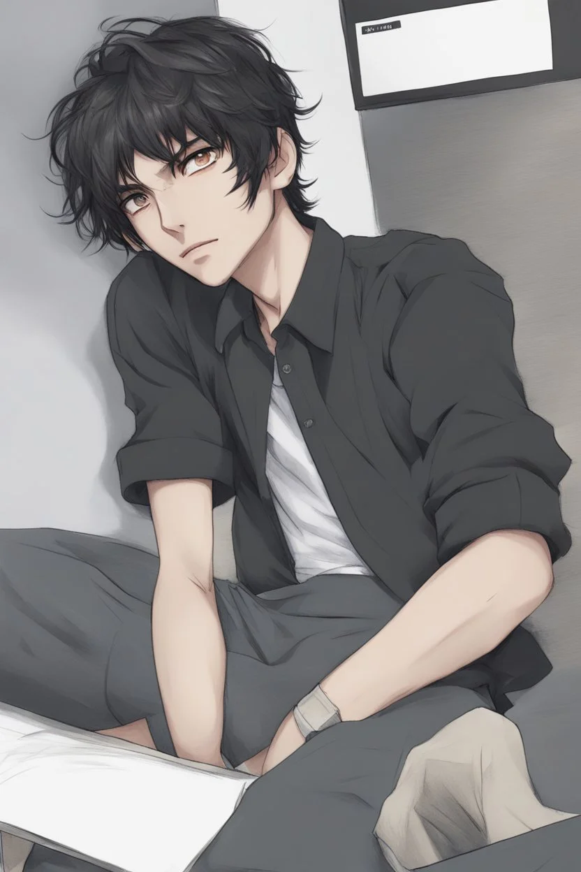 Anime man messy black hair realistic