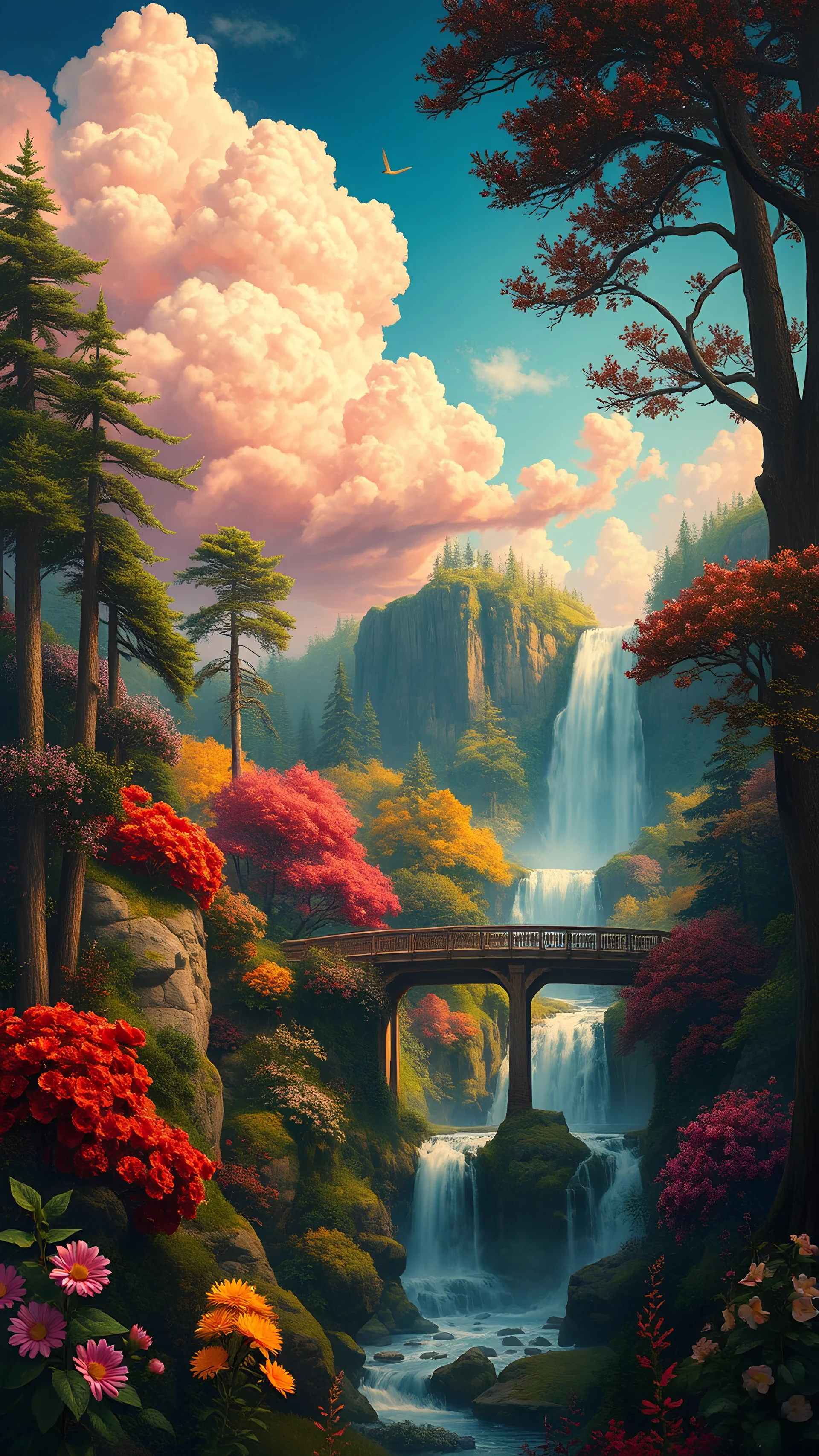 3d holographic editorial photo: さよなら, scenic view of a fairytale background, forest with colorful flower blooming, waterfall, pink cloud, bridges, chiaroscuro, dramatic lighting, intricate details, scifi fairytale, surrealism, by ilya repin, by mike mignola, highly detailed oil painting, brush strokes, complex composition, warm color palette, Art by J. C. Leyendecker, John Williams Waterhouse, Tom Bagshaw, Maxfield Parrish, Ellen Segn