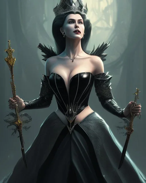 evil queen in black leather gown, busty, cleavage, angry, emperious, 8k resolution concept art portrait by Greg Rutkowski,