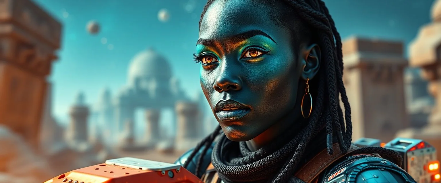 portrait with bluegreen skin, space race on mega vehicle, From the shadows, they rise, with a spark in their eyes, Ethereal echoes of a world we once knew, With the glam and the glamor, we reach for the skies, Cosmic rhythms pull us through, [Chorus] Suti came for our world, with the power to ignite, Dancing through the stars, we find our light. motion blurred background of ancient space ruins