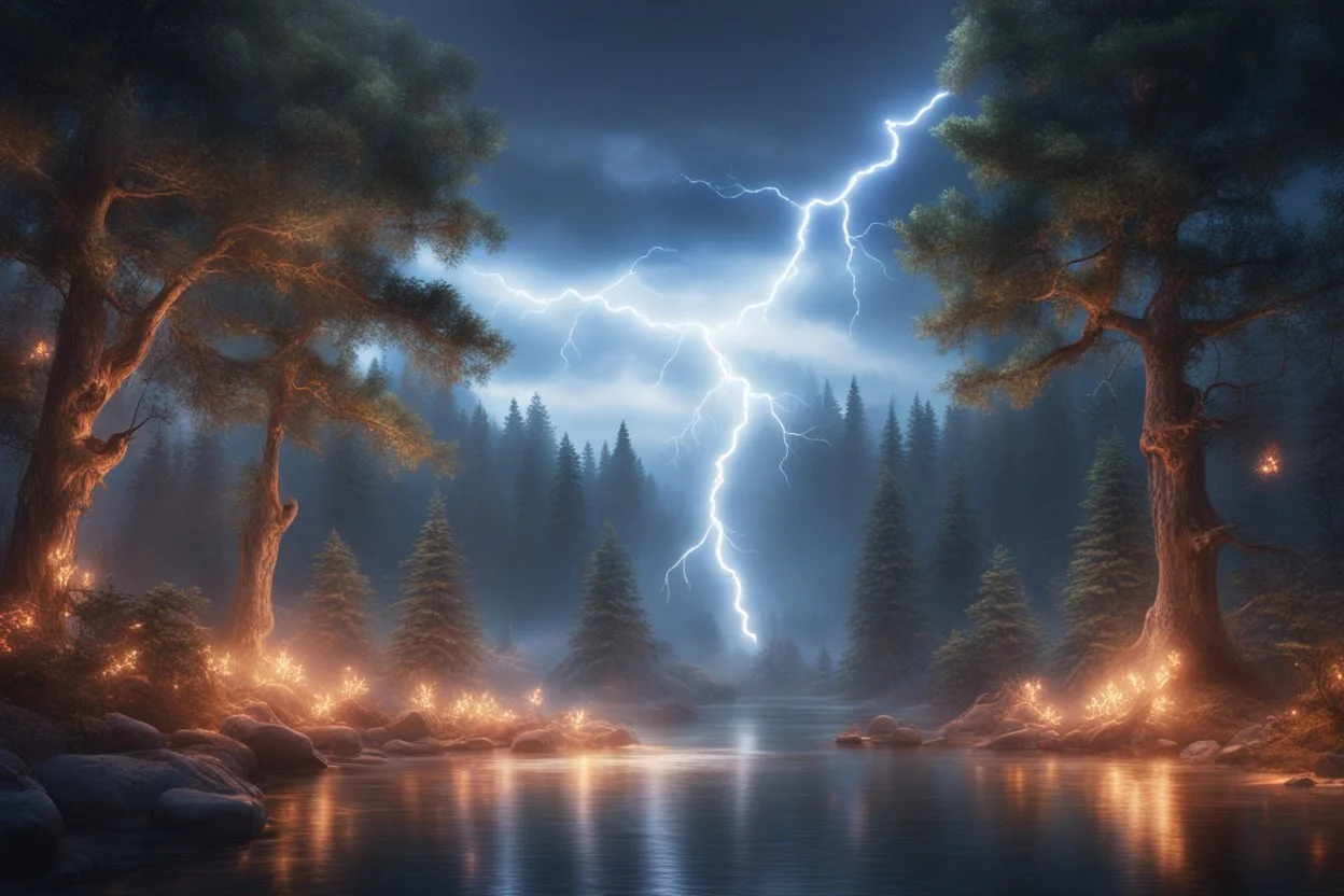 lightning sparkling christmas lights in forest, on lakeside in sunshine detailed matte painting, deep color, fantastical, intricate detail, splash screen, complementary colors, fantasy concept art, 8k resolution trending on Artstation Unreal Engine 5