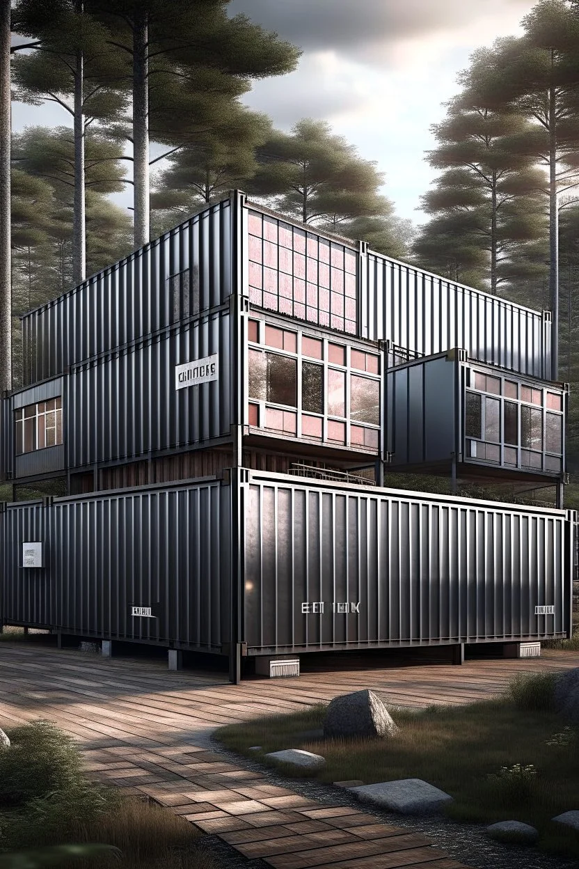 large house in the woods made from shipping containers, photorealistic