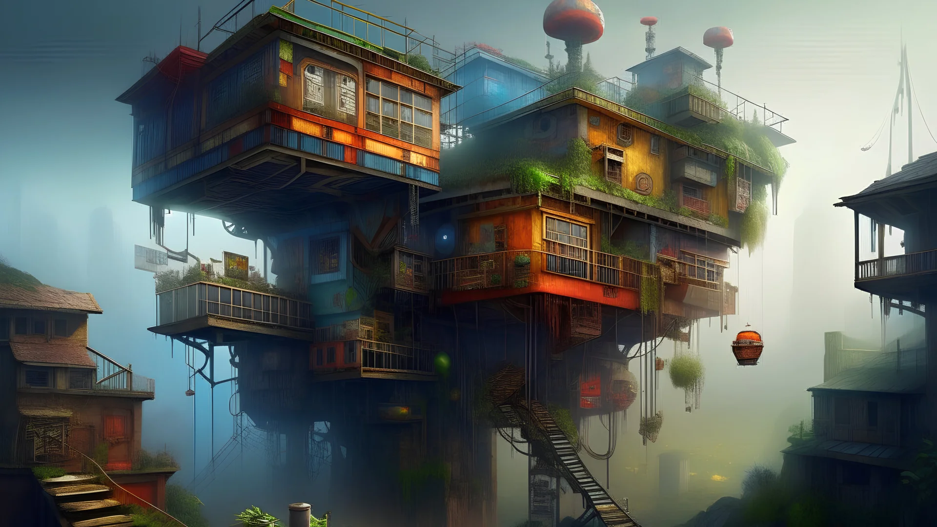 A stunning dystopian cityscape depicts a psychedelic house in precarious balance. The unique structure is made from a variety of objects and materials, including mismatched furniture, colorful plastic, and rusty metal. It seems to defy gravity. The dystopian environment features dilapidated buildings, overgrown vegetation, and a foggy, polluted atmosphere. The overall effect is surreal and thought-provoking, inviting viewers to reflect on the intersection of chaos and order.