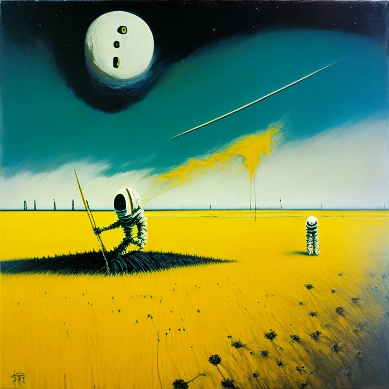 Surreal Shodo Japanese oil painting, minimalism, regressing infinity stretching row of scarecrows wearing astronaut helmets in a wheat field, smoking lunar lander wreck in the distance, by Graham Sutherland, by Hisashi Tenmyouya, strange world, cosmic spray in sky, dynamic composition, oddball masterpiece, sfumato, complex contrast