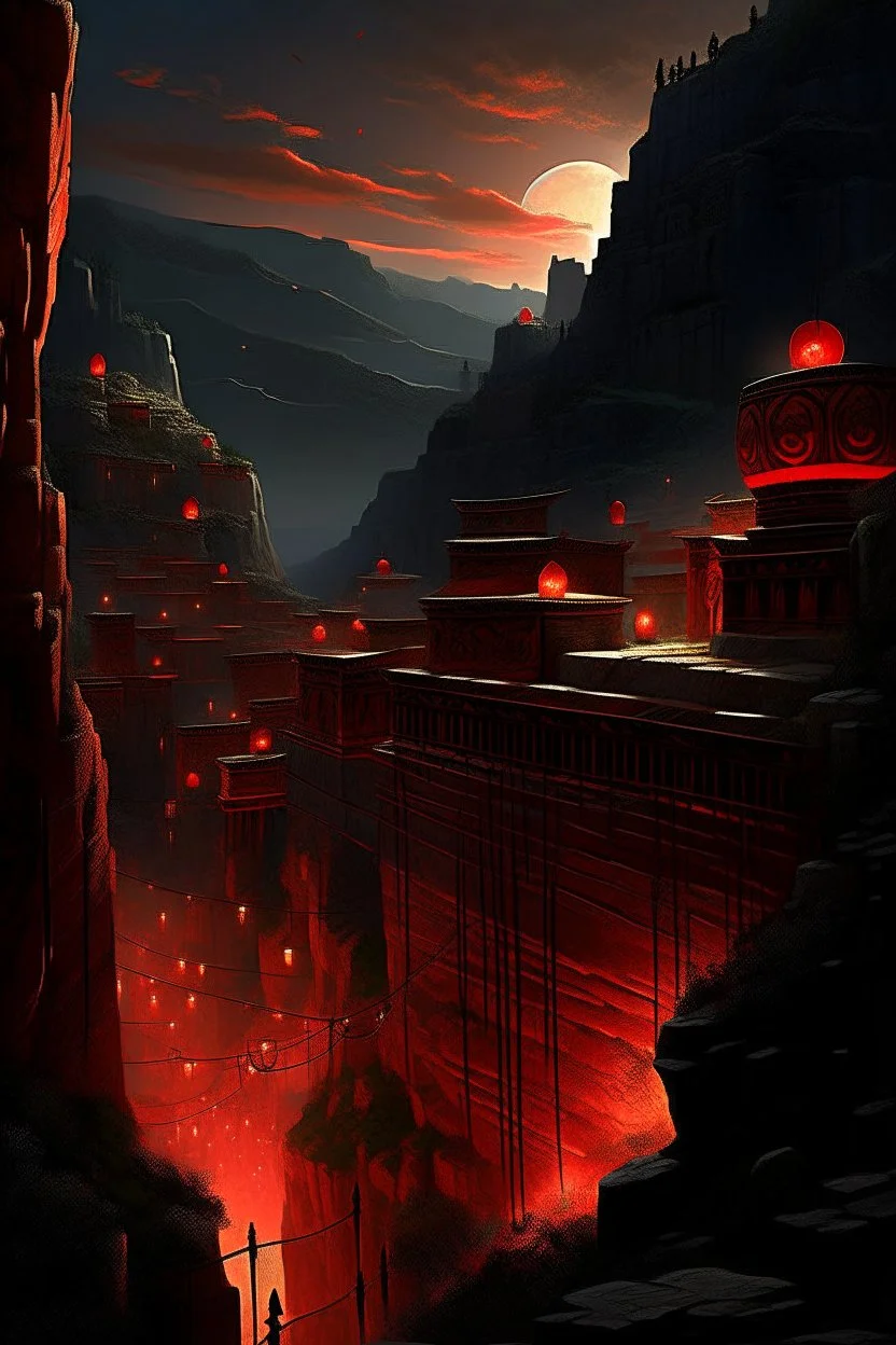 View of an ancient walled city sitting in a canyon as viewed from the rim of the canyon, the city is lighted by torches placed along the walls with windows high upon the wall, One window has a scarlet cord draped out reaching the ground, the sky is dark and surrealistic with planets and moons on the horizon, the rim of the canyon has armored soldiers laying in wait while 2 spies work their way down to the outside of the city wall where the scarlet cord hangs from the window above a cross