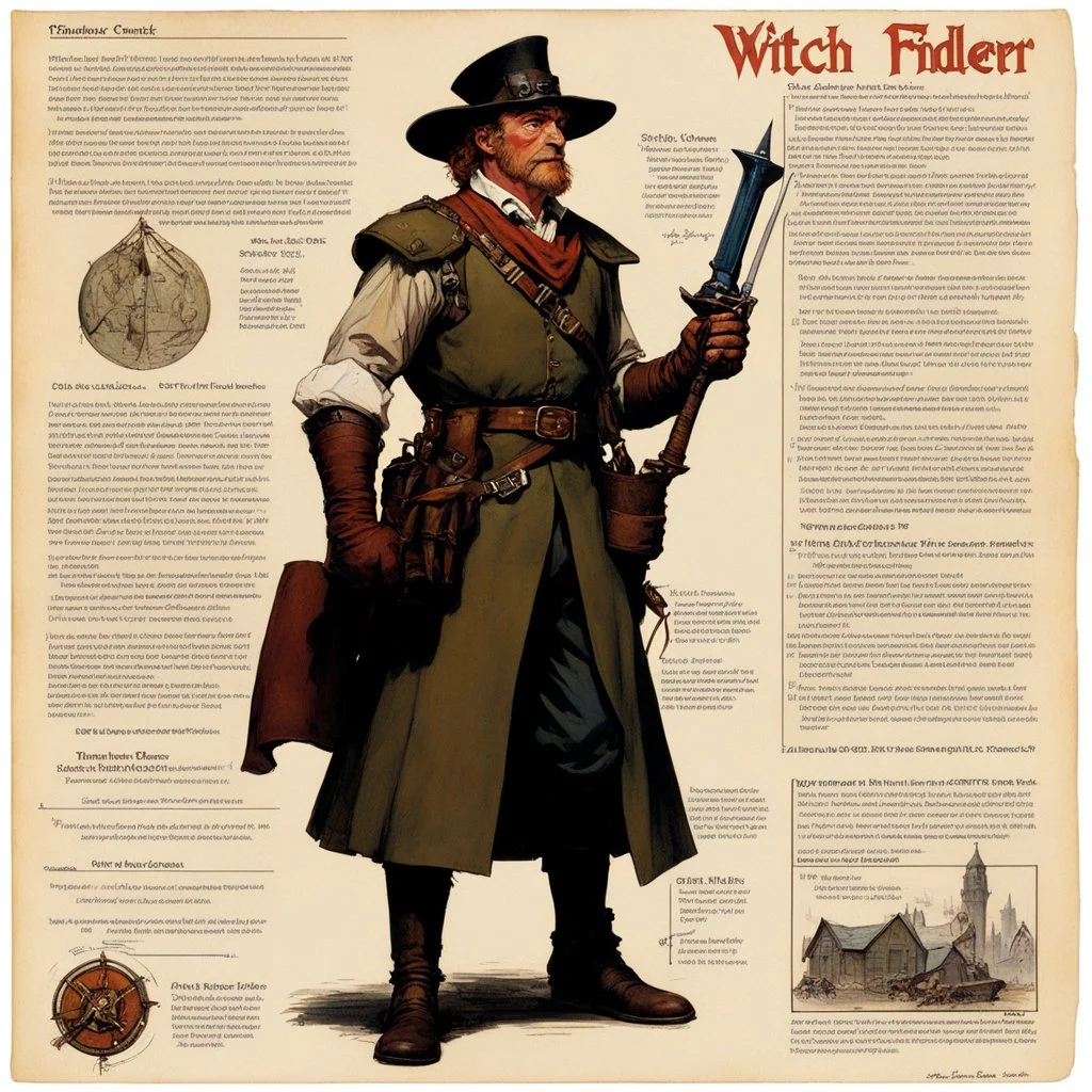 character concept sheet with AD&D statistics and characteristics, [illustration by Norman Rockwell] Witchfinder Sergeant