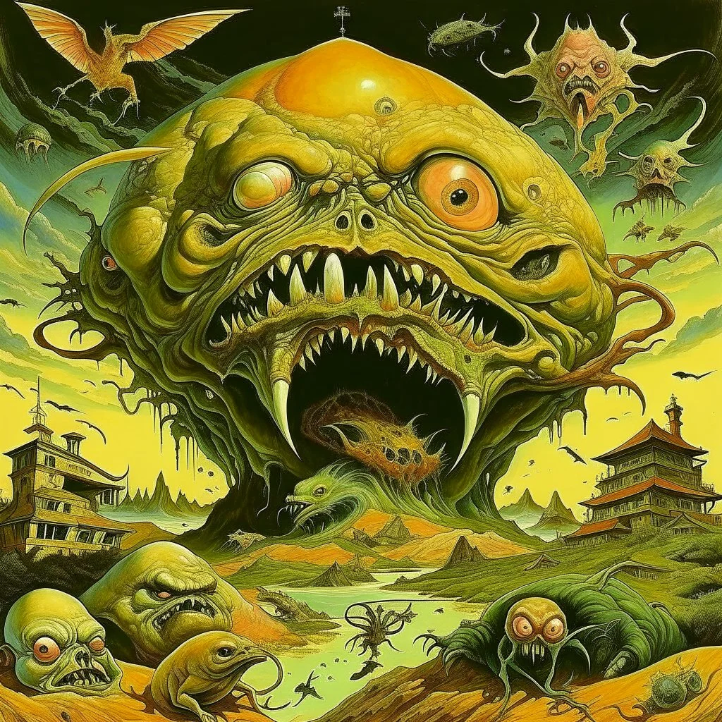 Artist Otto Rapp Bogomil's Universe; cosmic horror nightmare of infested playground at sunset, by Greg 'Craola' Simkins, by Otto Rapp intricately detailed; Hieronymus Bosch inspired cryptids, imperial colors, fantasy, oil painting.