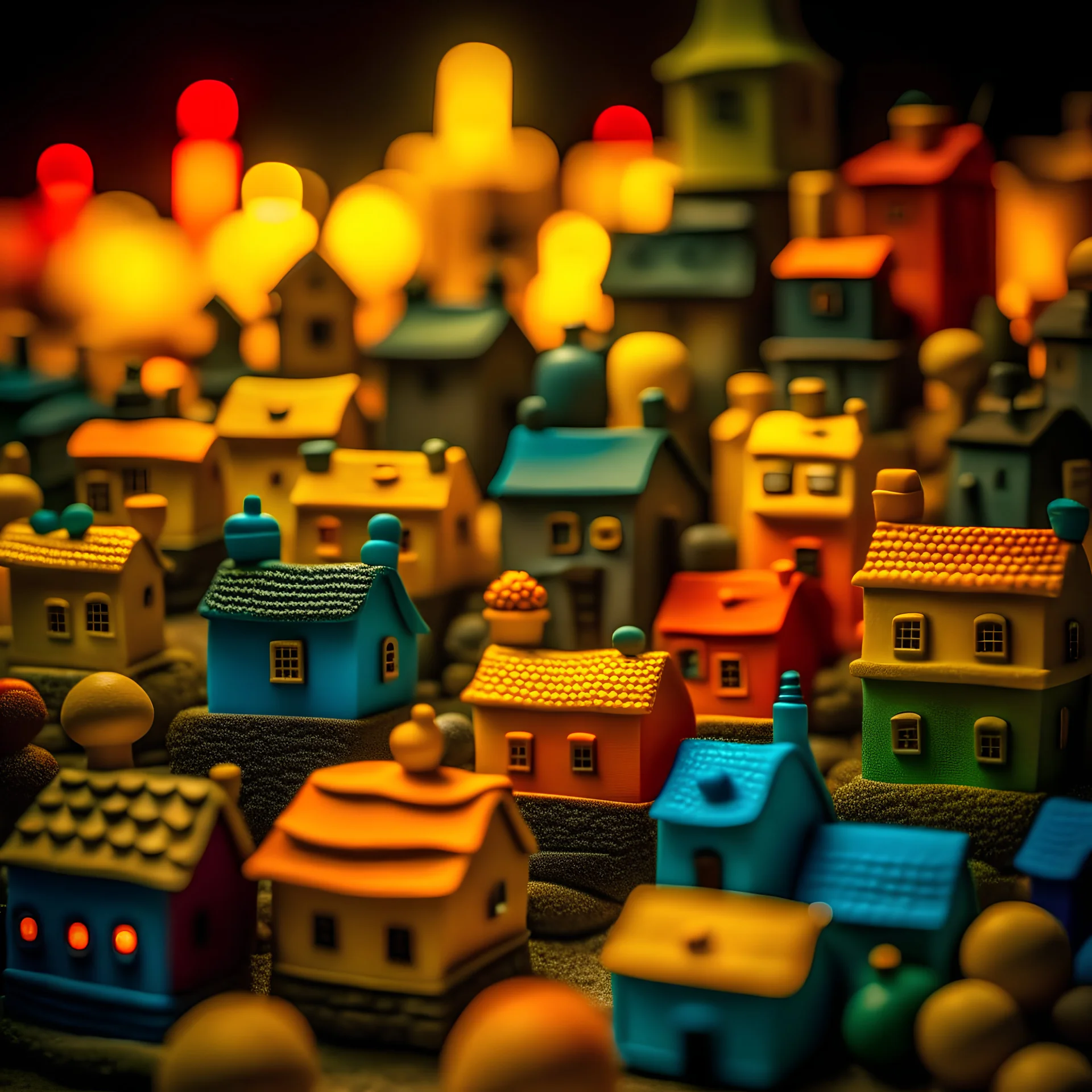 Odd dada village made of modeling clay, odd, block colours, houses, naïve, Tim Burton, Harry Potter, surreal landscape, sharp focus, colorful, stars and planets, bokeh, 8k, highly detailed, large format film, medium format film, shot on Hasselblad