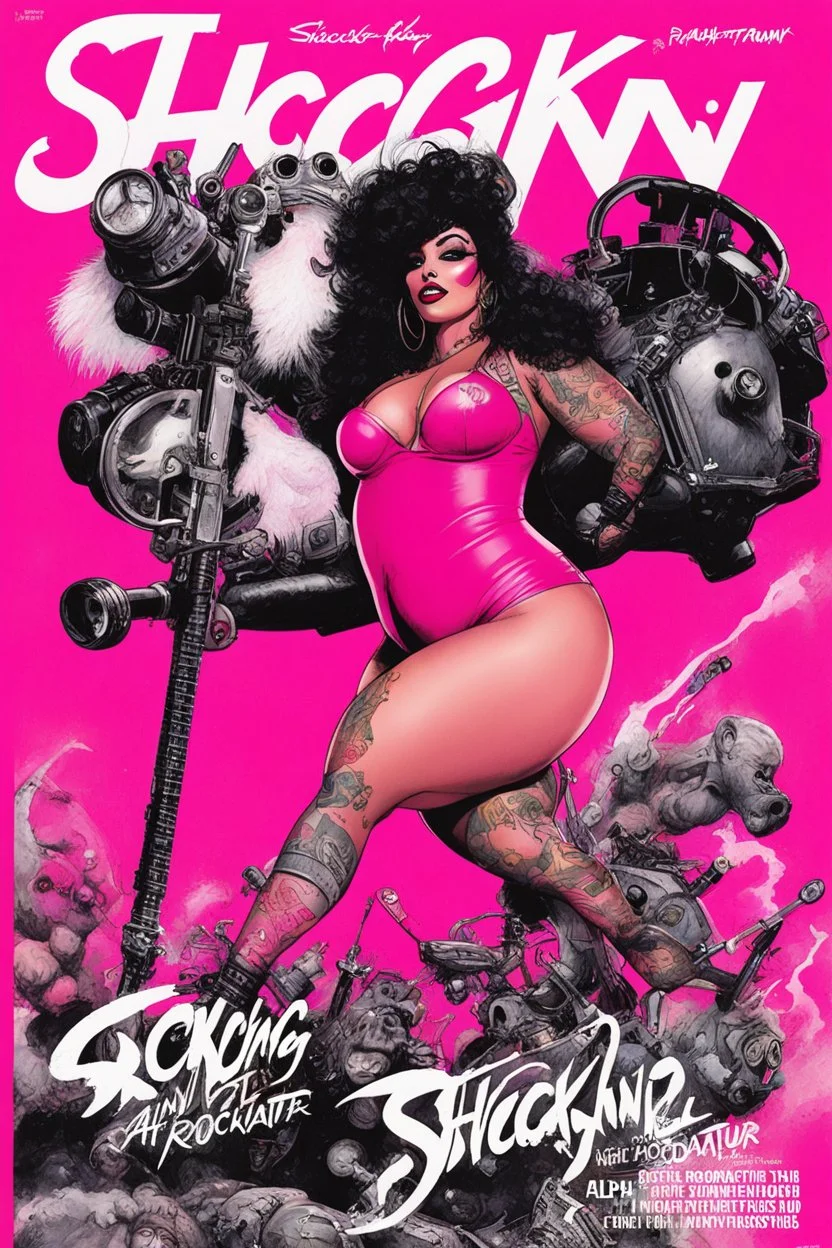 shocking pink magazine cover by Ralph Steadman: special bombshell in agent provocateur for her with curvy tattoos issue; guest star : Bebop and Rocksteady