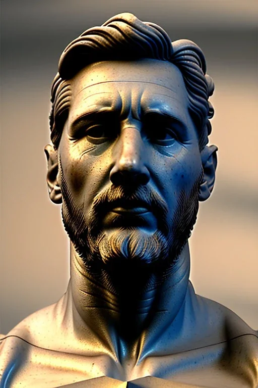 Ultra Realistic image, classical renaissance sculpture, marble material, Lionel Messi, emperor style, chisel style, waist up portrait, epic, celestial, cinematic lighting, God light, god rays, 4k resolution, smooth details, ornate details, soft lighting, unreal engine 5, sky background.