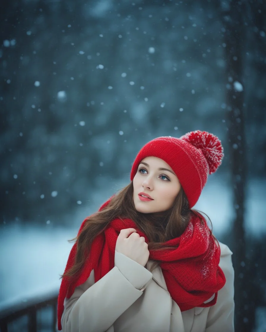 Cute girl in red hat and scarf, snowfall in the background, night