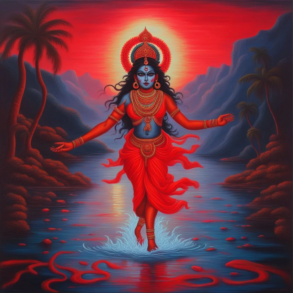 An oil painting of goddess Kali crossing a lake neon red colors