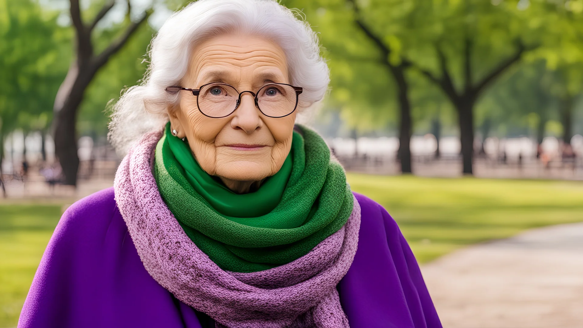 masterpiece, best quality, an old woman with glasses and a scarf on, wearing a purple coat and green scarf, standing at the park