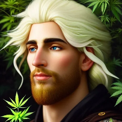 Kyle Rising of Sensi Trails, his handsome and highly detailed white face, long blond hair, gothic, highly detailed, digital painting, highly detailed background of marijuana leaves, artstation, smooth, sharp focus, illustration, art by lisa frank, artgerm and greg rutkowski and alphonse mucha and william adolphe bouguereau, reggae