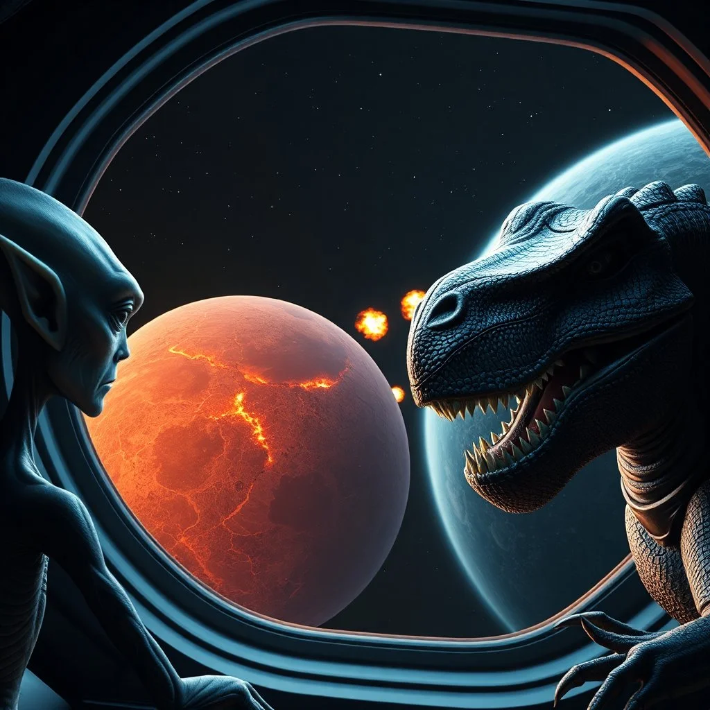 two sad characters gazing out of a spaceship window at a cratered burning close up 3d planet. On the left an thin alien with very pointy shape head and with x-shaped mouth, and on the right a bigg stronger dinosaur-like creature with big head sharp teeth. The background displays a dark space scattered with distant stars and three small explosions occurring on the planet's surface, adding a dramatic sense of action to the scene. realistic, detailed, cinematic, sci-fi