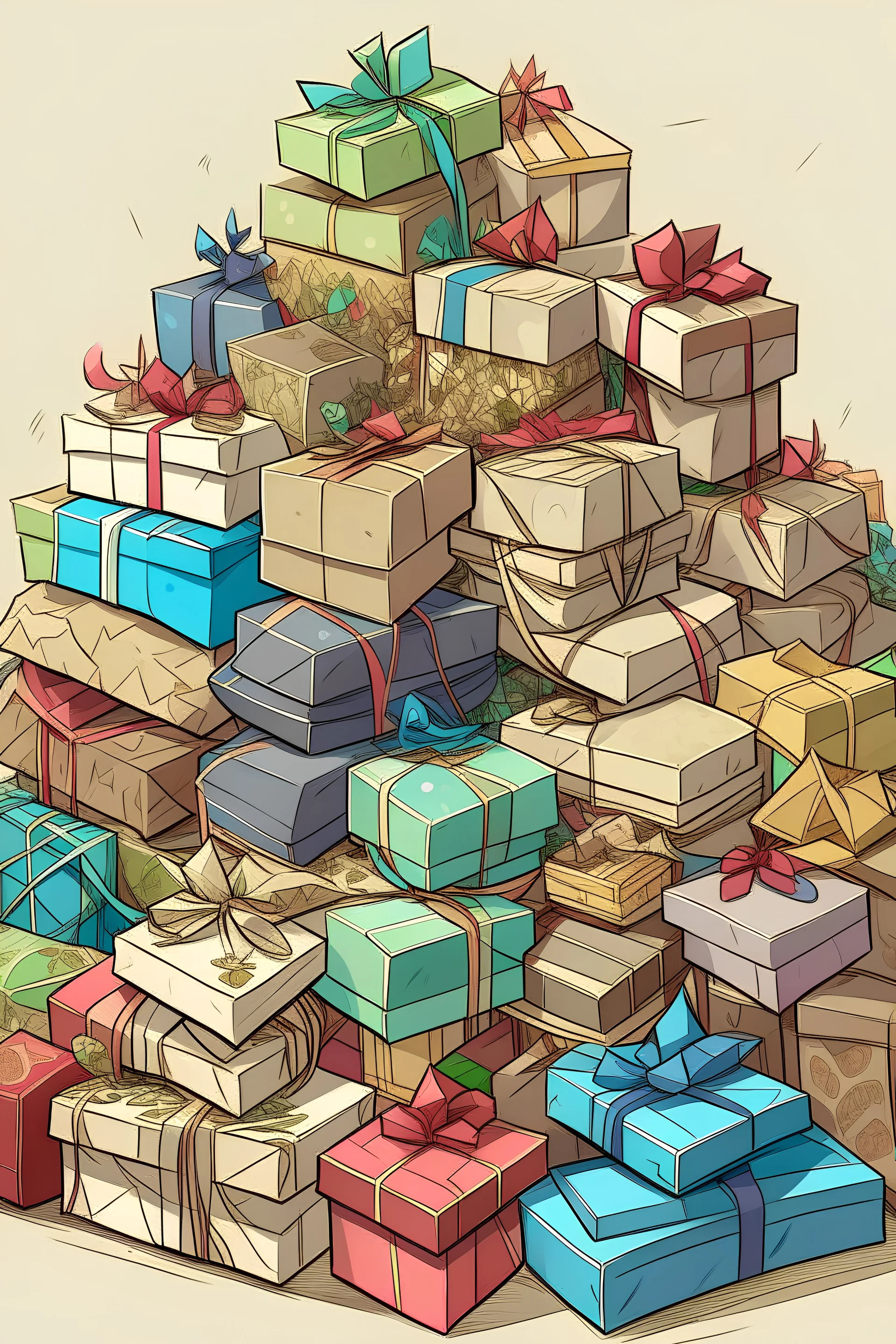 Pile of beautifully wrapped gifts. Each present can be a blank canvas for imaginative coloring