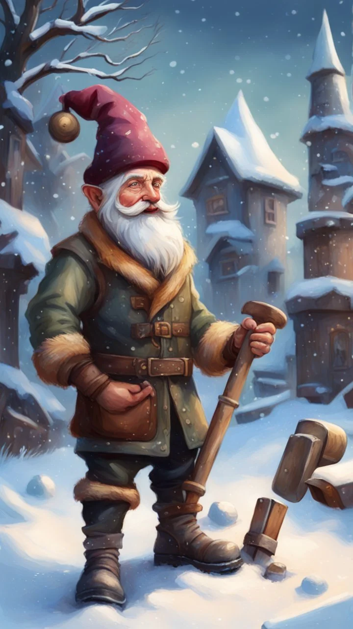 postcard portrait of bard post man sexy gnome woman with old boots, sledge hammer and chissel in the snow garden holding a tower fortification, magazine cover illustration with oil paint and spray paint, signed, bokeh like, down-light, unreal engine, prize winning