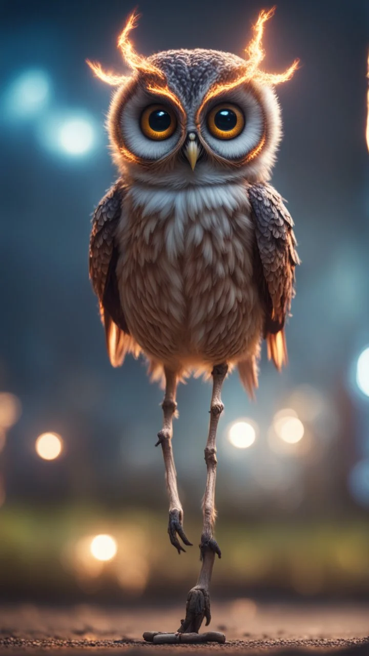 weird owl alien bird walking on stilts, getting hit by lightening electric arc, with big disturbed eyes,bokeh like f/0.8, tilt-shift lens 8k, high detail, smooth render, down-light, unreal engine, prize winning