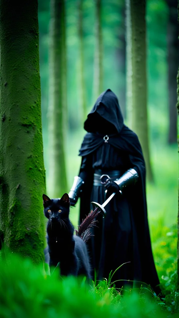 a full-length photograph of a [black-robed hooded Nazgul from the [Lord of the Rings] movies, articulated metal gauntlets] stands over a [small black kitten] which laps from a [small bowl of milk] on the ground, a [huge black warhorse, black saddle] in the background, depth of field, green meadow, mood ominous --style raw