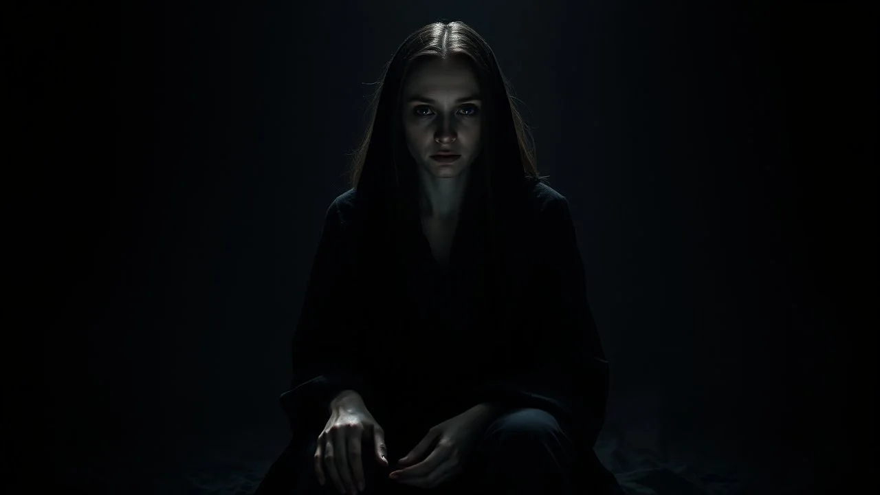 A solitary woman sitting alone in an endless void of million dimensions of darkness, pale skin, large hollow dark eyes with deep shadows around, wearing tattered black robes, empty expression, staring into nothingness. Only vertical dim light surrounds her. Absolute loneliness, emotional emptiness, existential despair, abandonment, silence, vast darkness consuming everything beyond the light. No other people, no eyes, no silhouettes, pain, empty soul, surreal, thriller, cinematic