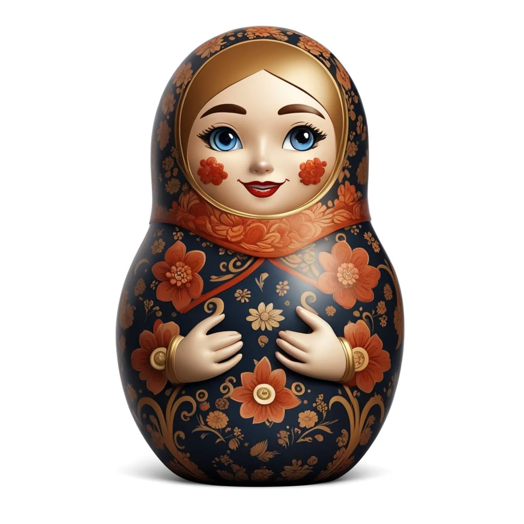 draw matryoshka dolls, the matryoshka is smiling, the kind sweet face of the matryoshka doll, behind the matryoshka Russian patterns in the style of Khokhloma, Khokhloma with gold and black flowers, in the hands of matryoshka blueberries