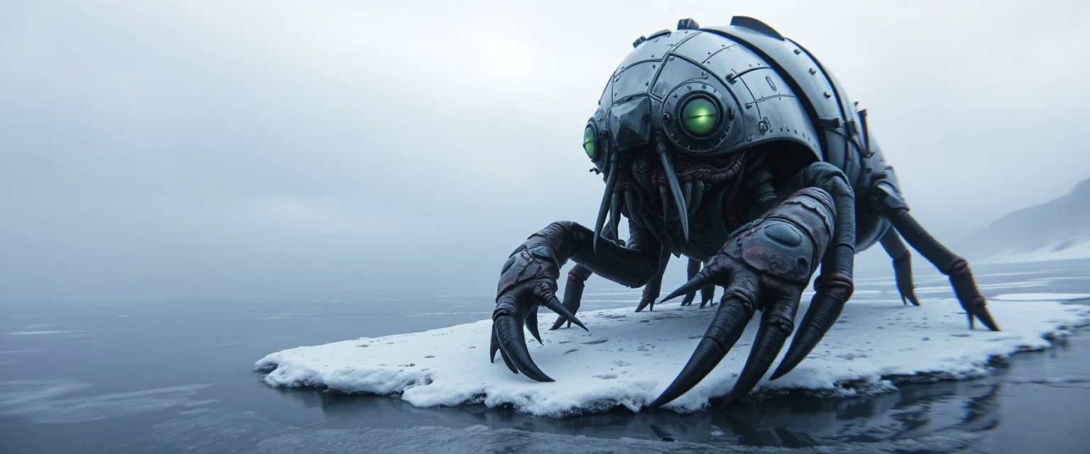 airbrush 3d rendering, frontal close up of cyberpunk alien gremlin underneath chrome centipede lobster huge space ship on small frozen island in lake, pinhole cam, background motion blur
