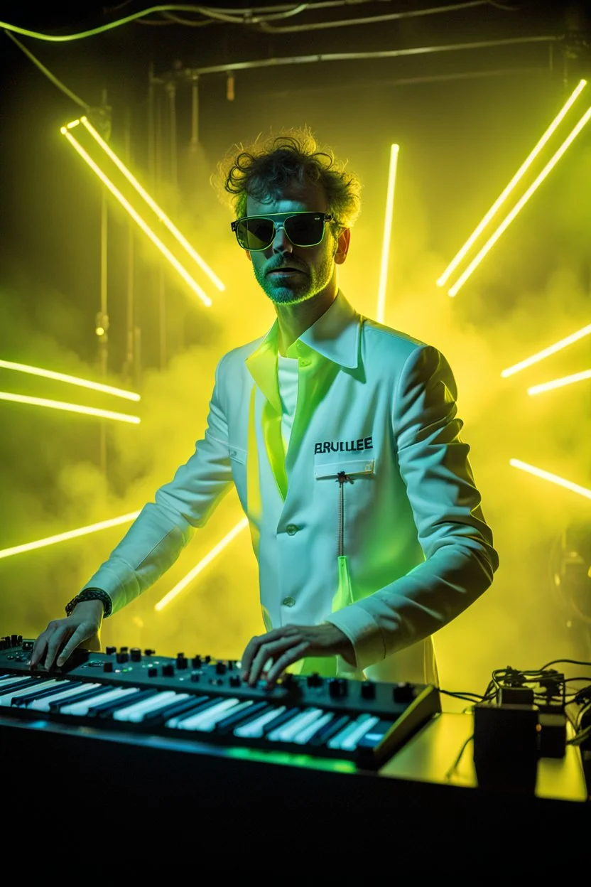 French cool synth player, he is called "Jean-Maurice Brûlée" performing at dance club, his name is "Jean-Maurice Brûlée" , white and yellow Neon lights and yellow smog, and "URANIUM" big sign on the wall, he is playing on synthesizers on stage with lot of laser beams and wearing black sunglasses, an earth is projected in background