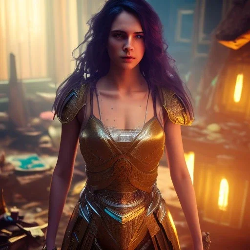 dark and gloomy full body 8k unity render, female teen cyborg, Blue yonder hair, wearing broken battle armor, at cluttered and messy shack , action shot, tattered torn shirt, porcelain cracked skin, skin pores, detailed intricate iris, very dark lighting, heavy shadows, detailed, detailed face, (vibrant, photo realistic, realistic, dramatic, dark, sharp focus, 8k)