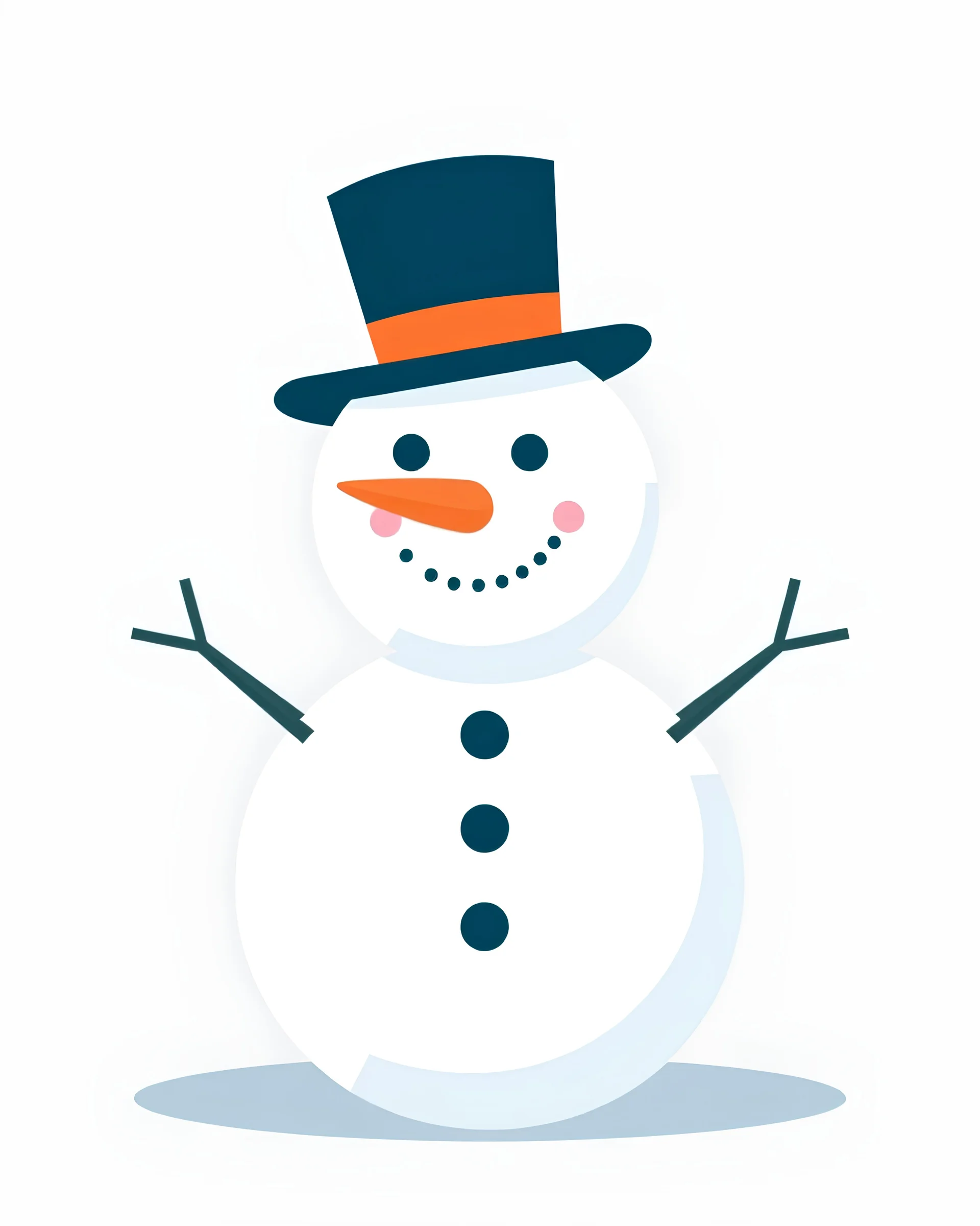 Snowman adorned with a carved carrot for a nose, symmetrically placed buttons down the torso, crowned with a minimalist top hat, styled in 2D vector design, showcasing flat colors, simple lines, silhouette-style, contrasting cool and warm hues, vector art.