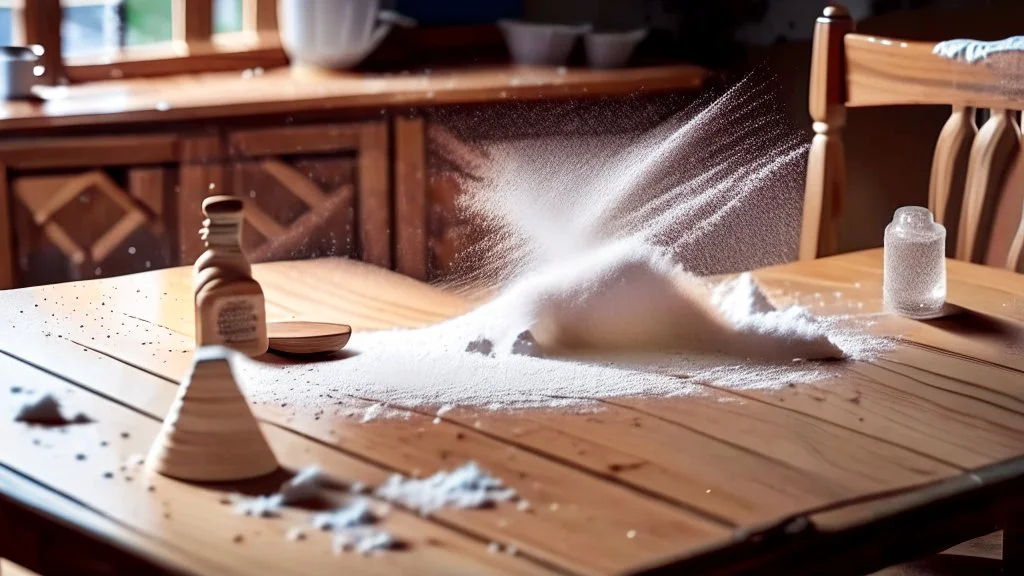 wooden table with invisible tabletop while woman sprinkles baby powder all over the room looking for it