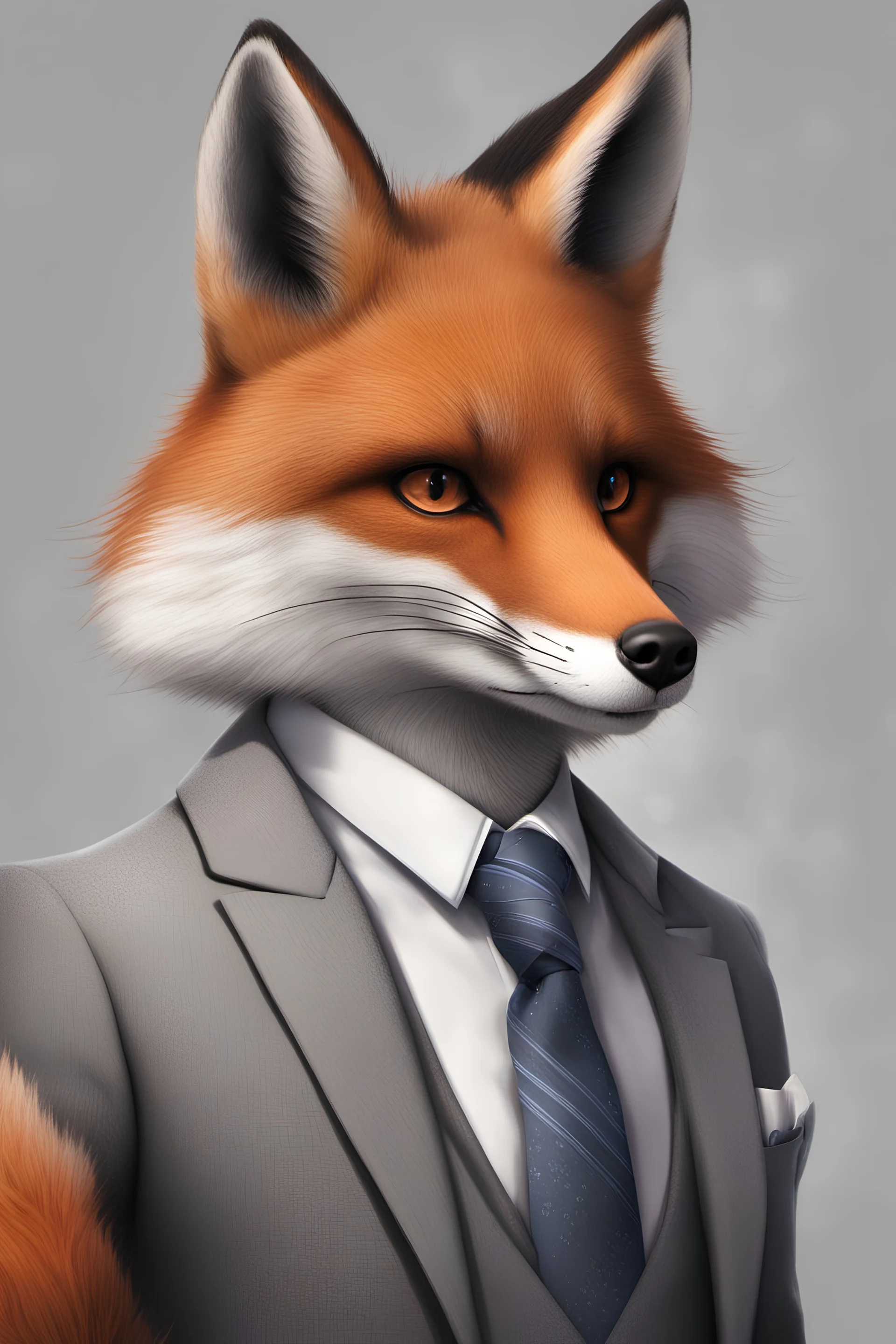 Anthropomorphic fox in a grey suit and hyper-realistic 8K tie