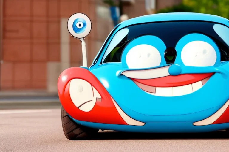 whimsical cartoon car with big eyes and its front grill forming a friendly smile, with a mouse character riding on it.