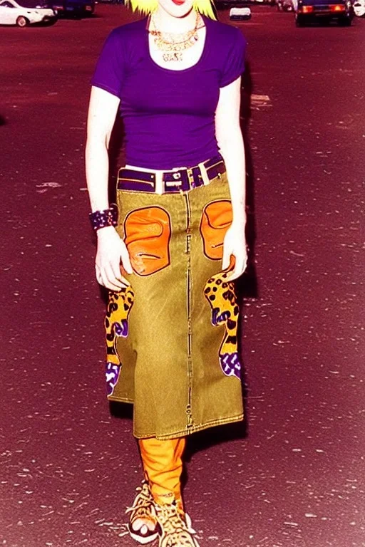 year 1996 denim fashion. Loose skirt, low waist. Combat pants and t-shirt. Colors: denim blue, blue, purple, cream, khaki, light green, lilac, plum, orange, terracotta, red, light yellow, pink, dark blue, beige. Latex in small part. Cheetah pattern. Gwen Stephani, Shirley Manson.Cargo pants