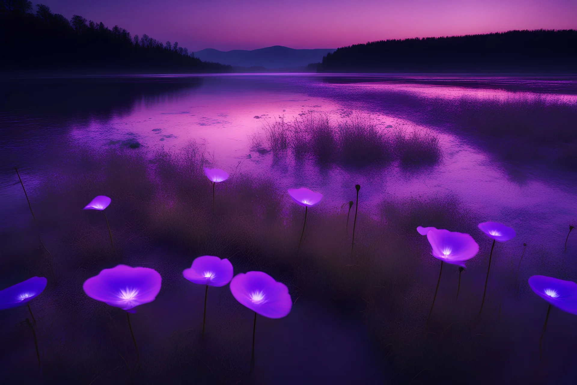 violet sky, bioluminescent flowers,soft glow, sapphire river, surreal wonder, fantasy, cinematic lighting