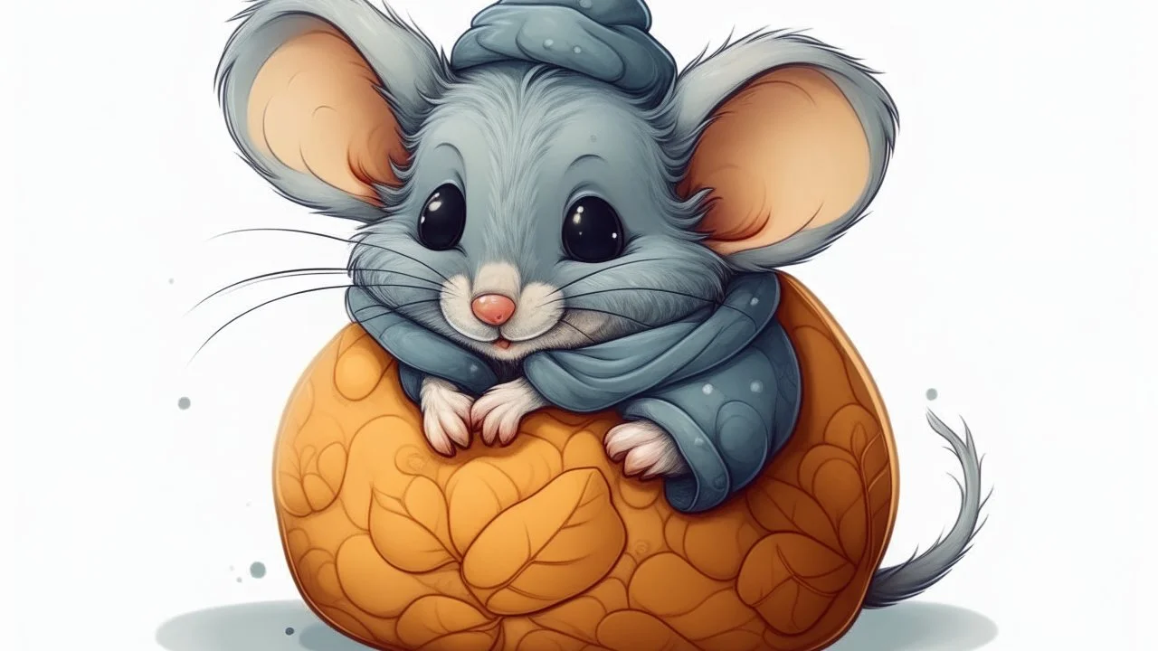 fantasy cartoon style illustration: A tiny mouse is sitting in a mitten.