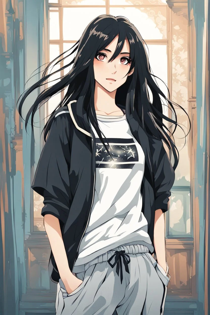 attractive anime woman with black long hair, t-shirt and sweatpants, full body in frame,